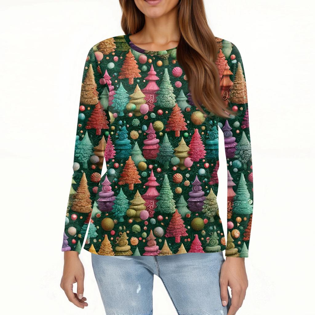 Women's Fashion Casual Christmas Printed Round Neck Long Sleeve Pullover Top