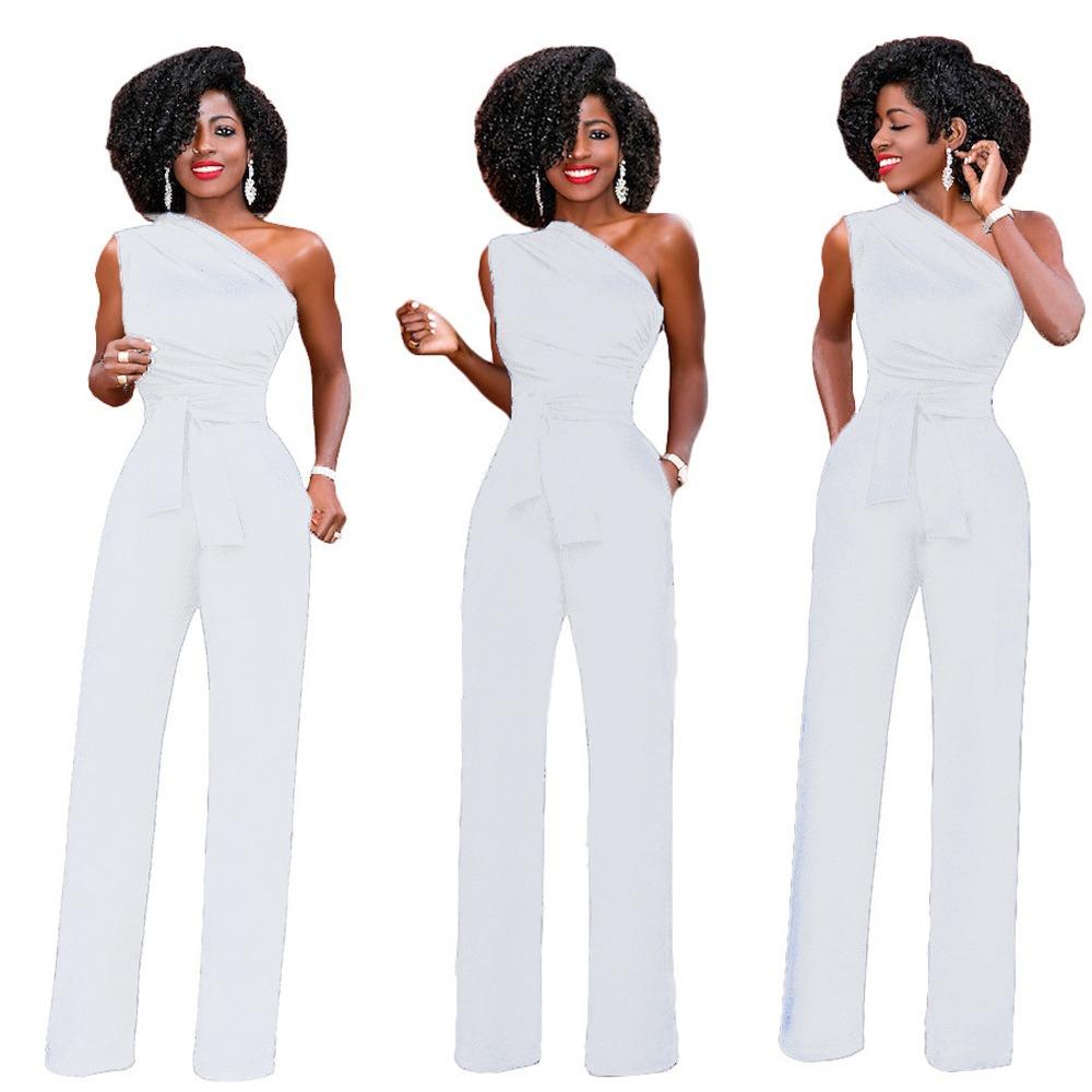 Women s One Shoulder Sleeveless Jumpsuit Slim Fit High Waist Elegant Wide Leg Pant Suit S белый