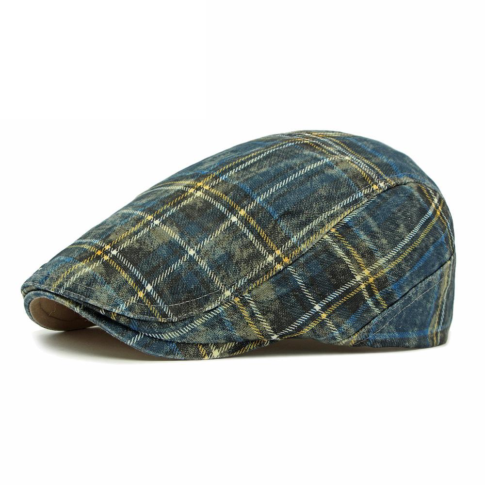 

Men s Beret British Vintage Plaid Forward Cap Women s Cotton Contrast Color Peaked Cap темно-синього кольору/жовтий