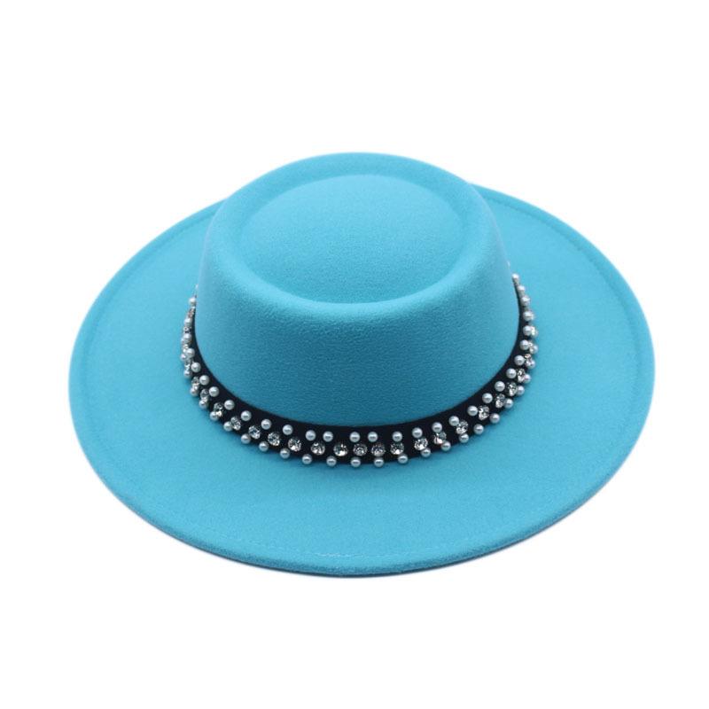 European and American New Autumn and Winter Wool Woolen Big-brimmed Jazz Hat Female Concave Top Black Top Hat Pearl Rhinestone Felt Hat