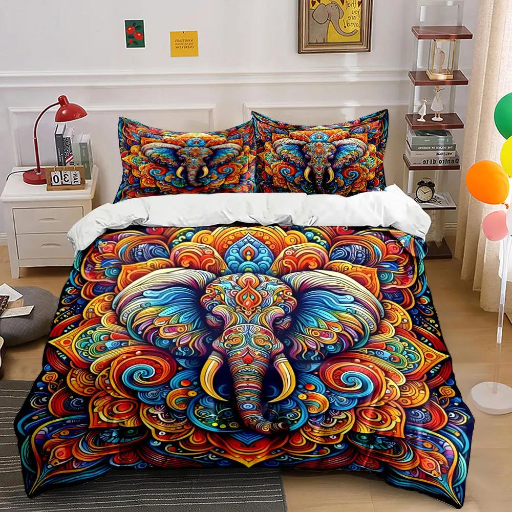 Colorful Elephant Art Set Decoration Bedding Set with 1 Duvet Cover 2 Pillowcases Single Double King Queen Gift