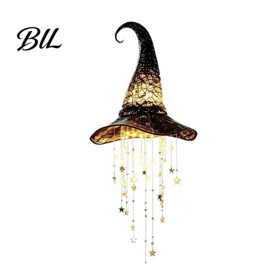 Halloween Hanging Decorations Lighted Witch Hat Chime, LED Glowing Wizard with for Party Swinging Star Tassels, Indoor Outdoor Porch Ceiling