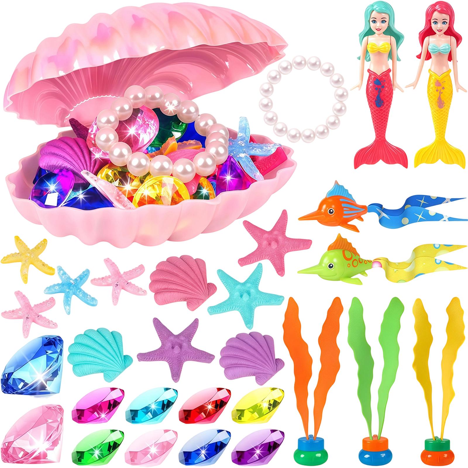 

Children s Underwater Treasure Hunt Toy Set Pearl Shell Clamshell Dive Play Accessories Pretend Gemstones Starfish Fish Figures and Mermaid Dolls One Size