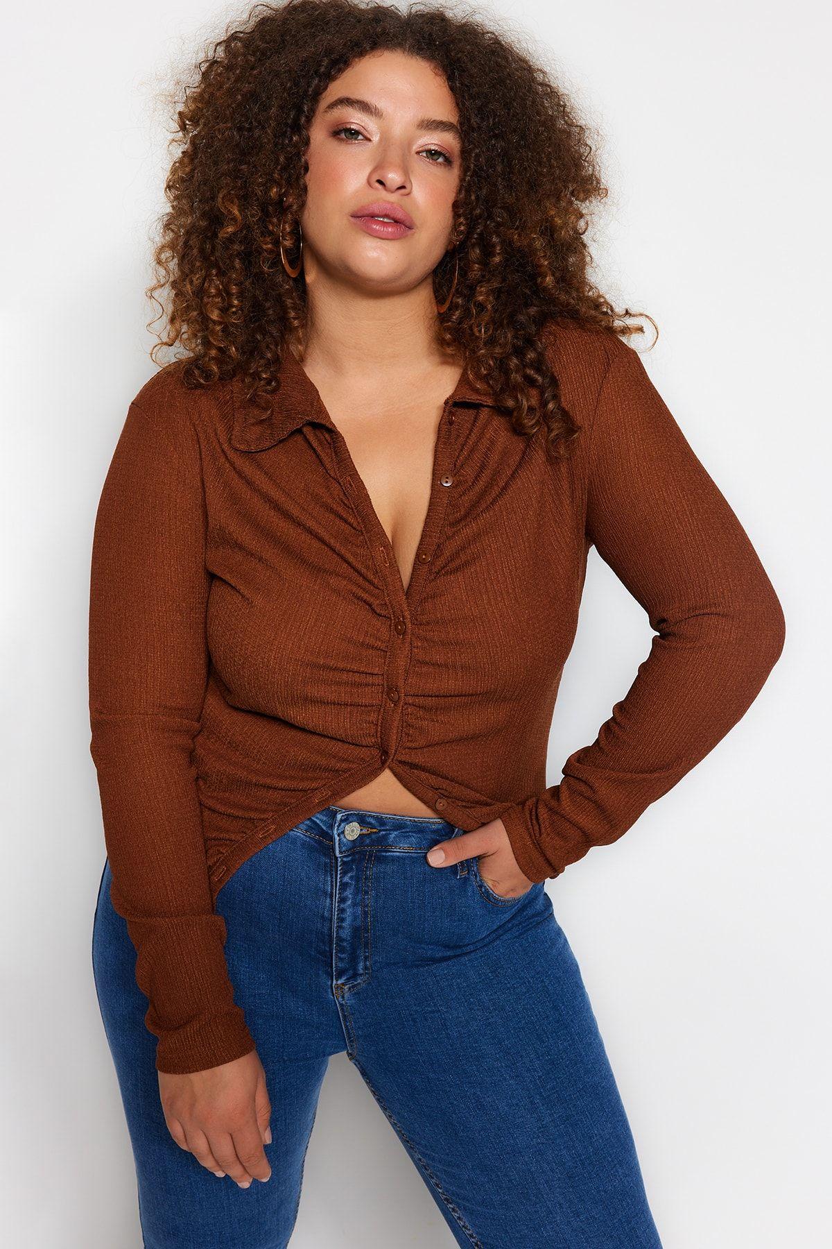 

Women s Plus Size Blouse Brown Fitted Gathered Knitted Shirt 2XL