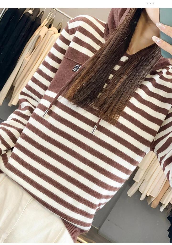 2024 Autumn Korean Chic Women's Striped Knit Hooded Sweater