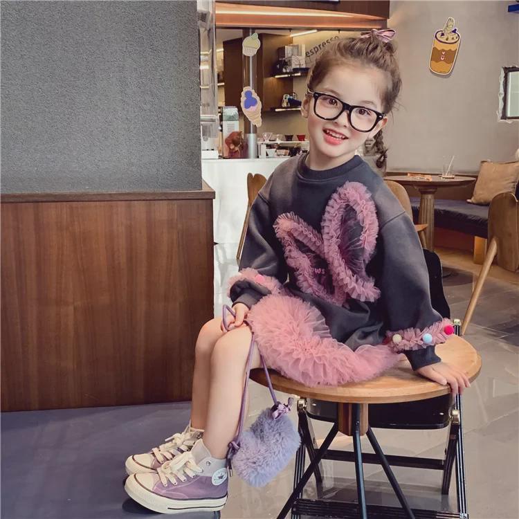 Autumn 2024 Casual Sweater Mesh Princess Dress for Little Girls