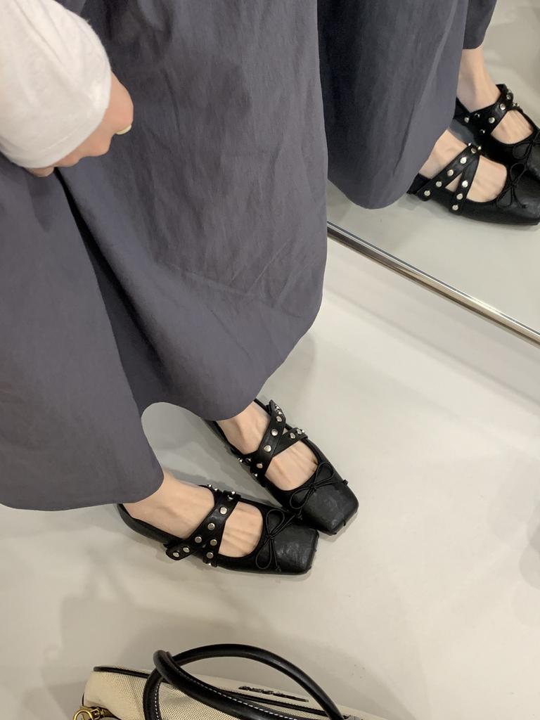 FengLiDa Retro Square Head with Single Shoes Women's 2025 Autumn Bow Light Mouth Commuting Ladyshoes Grandma Shoes