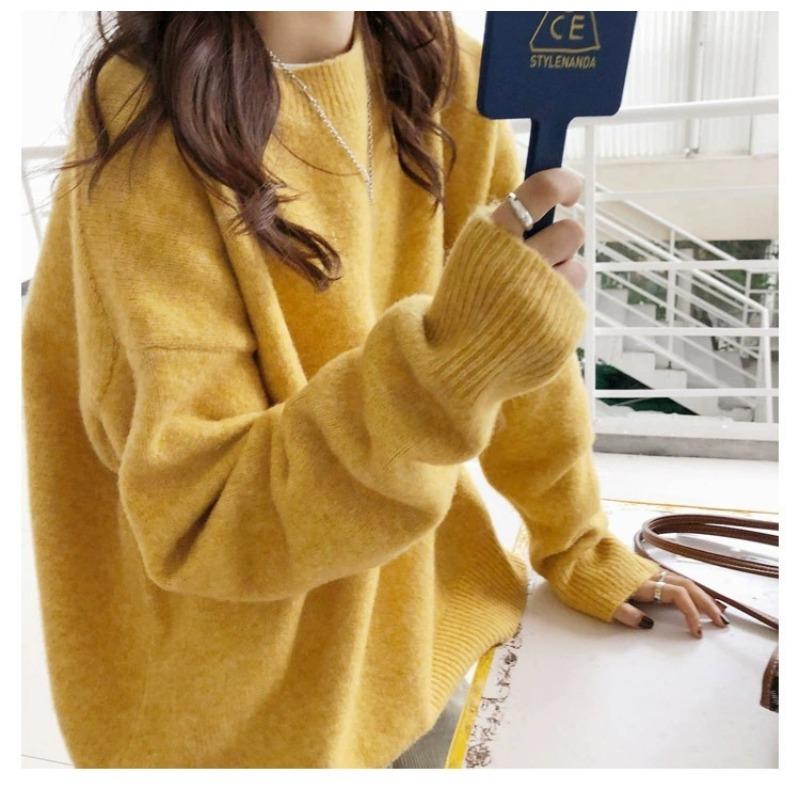 Crew neck solid color sweater women's autumn and winter new loose pullover knitted sweater women