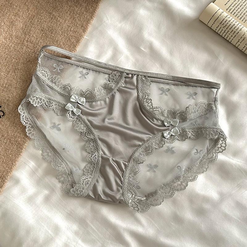 Ladies New Summer Sexy Lace Hollowed Out Bow Package Hip Mid Waist Triangle Briefs