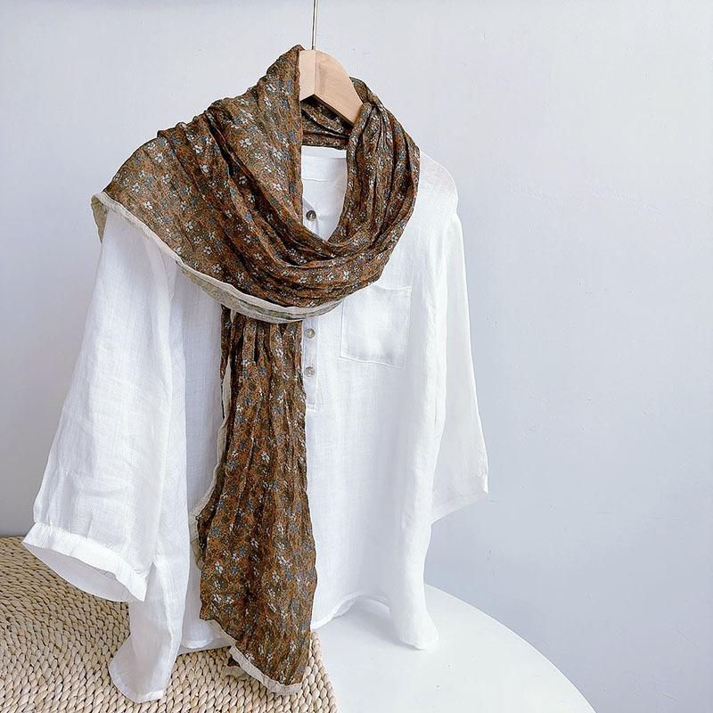 Autumn Winter Floral Scarf Retro Versatile Korean Version Cotton And Linen Scarves Women'S Thin Breathable Shawls