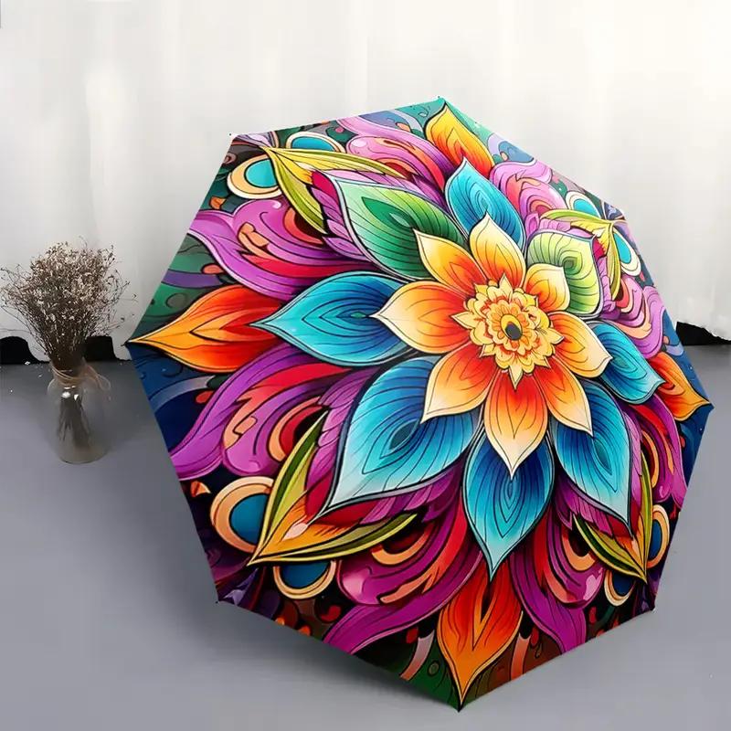 Automatic Open/Close Heavy-Duty Windproof Umbrella with 8-Rib Large Canopy & Color-Changing Mandala Design - Self-Opening Comp Iron&8K