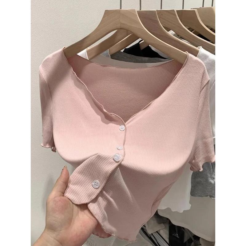 Sommer Damen V-Ausschnitt Knopf Rüsche Gerippt Asymmetrisch Rosa Crop Top