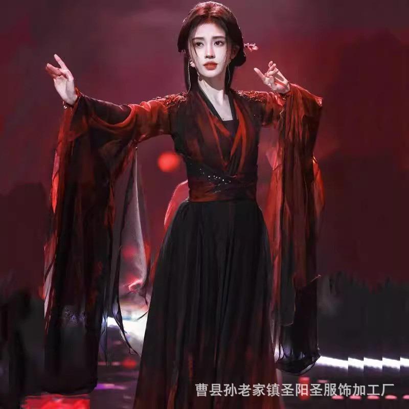 Classical Dance Costume Falling Fairy Lotus Flower Chinese Black and Red Pendulum Skirt Elegant Performance Costume Hanfu