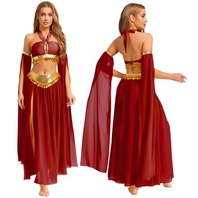 Costum Dans din Buric pentru Femei cu Legare la Spate Halter Decupaj Frontal Paiete Tiv Top Scurt Chiloți Incorporați Fustă Șifon