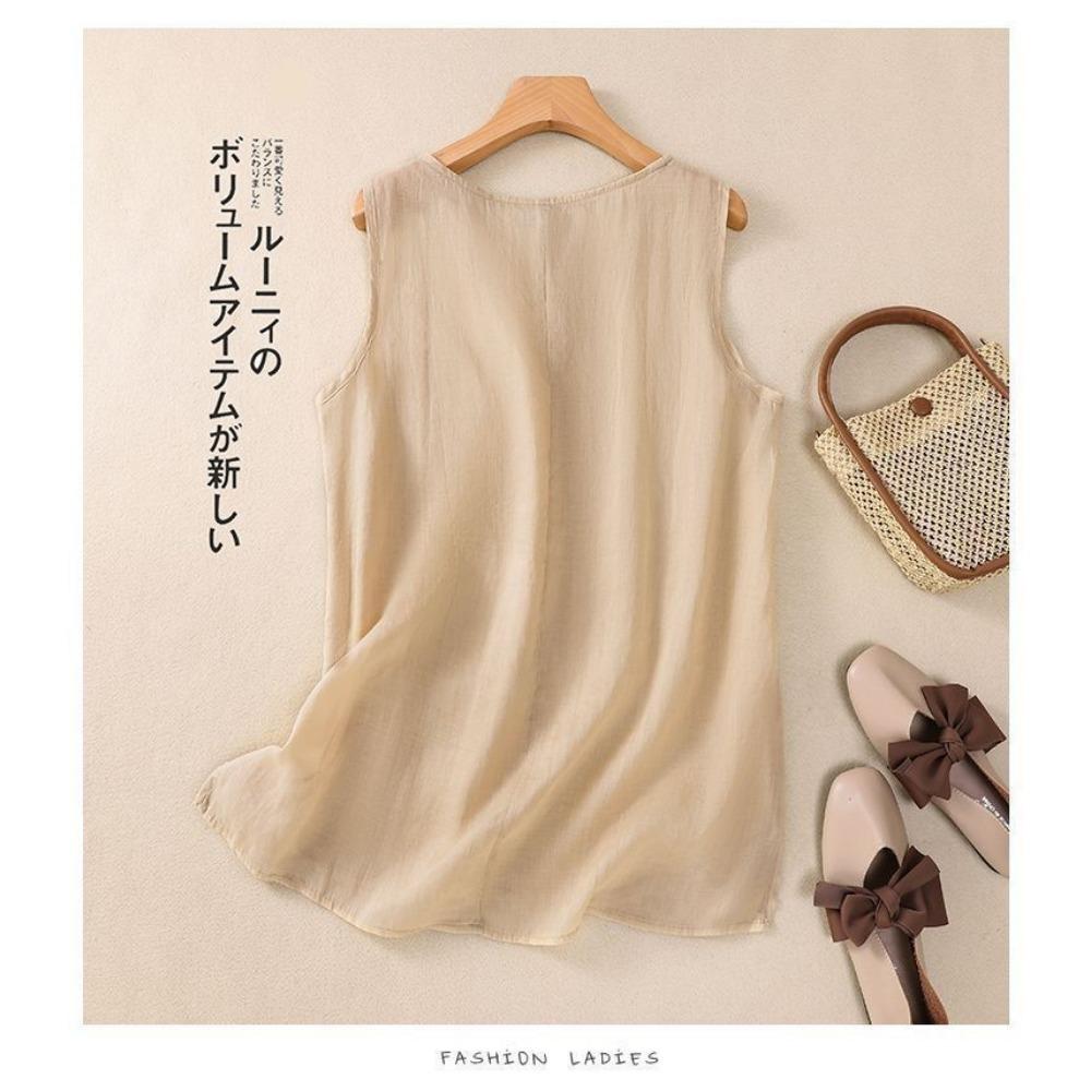 Strap Vest Women's Summer New Artistic Cotton and Linen Sleeveless Inner Layer Bottom Shirt Versatile Embroidered Round Neck