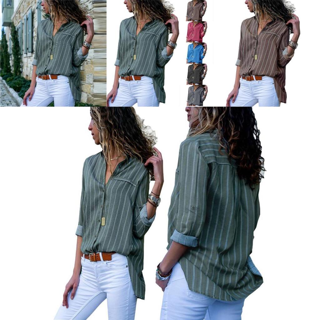 Women Autumn Striped Floral Long Sleeve Button V Neck T Shirt For Casual Chic