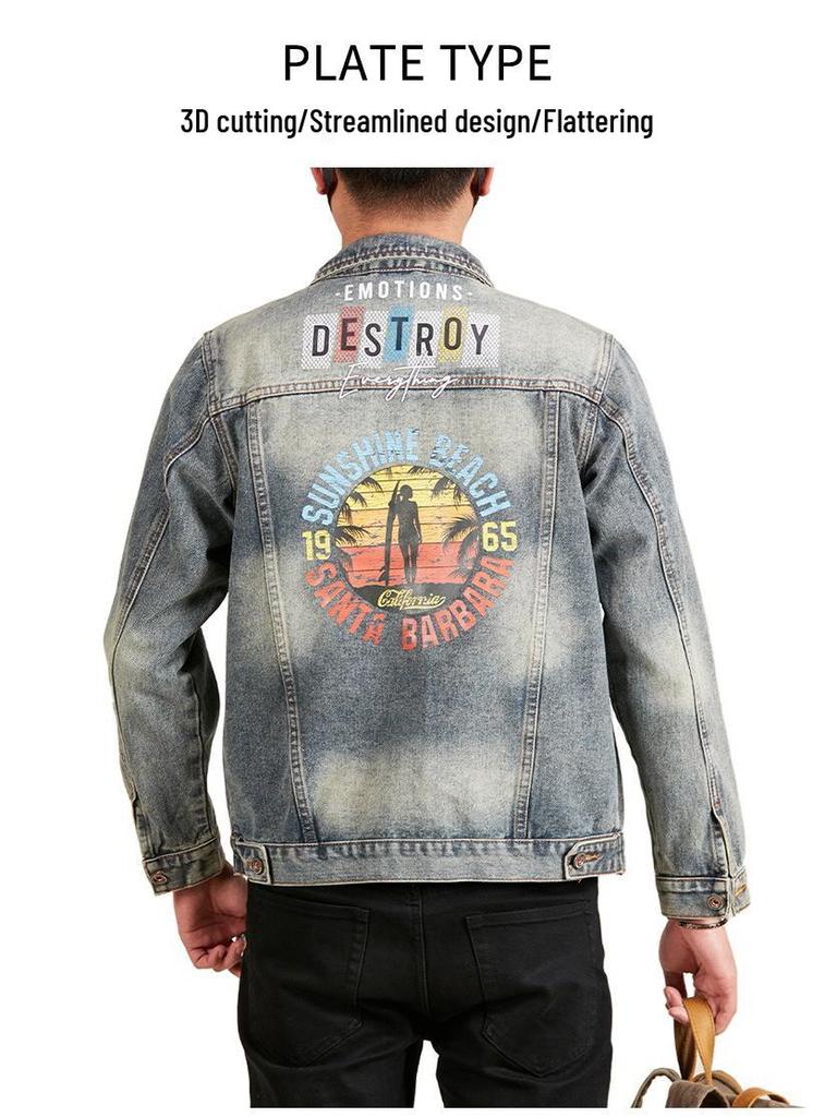 Xintang Men's Loose Casual Denim Jacket with Lapel and Feature Print for Spring & Autumn 2025