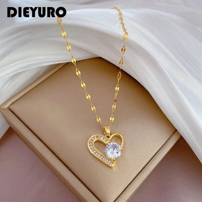 DIEYURO 316L Stainless Steel Asymmetrical Heart Zircon Pendant Necklace For Women New Luxury Girls Clavicle Chain Zircon Gifts