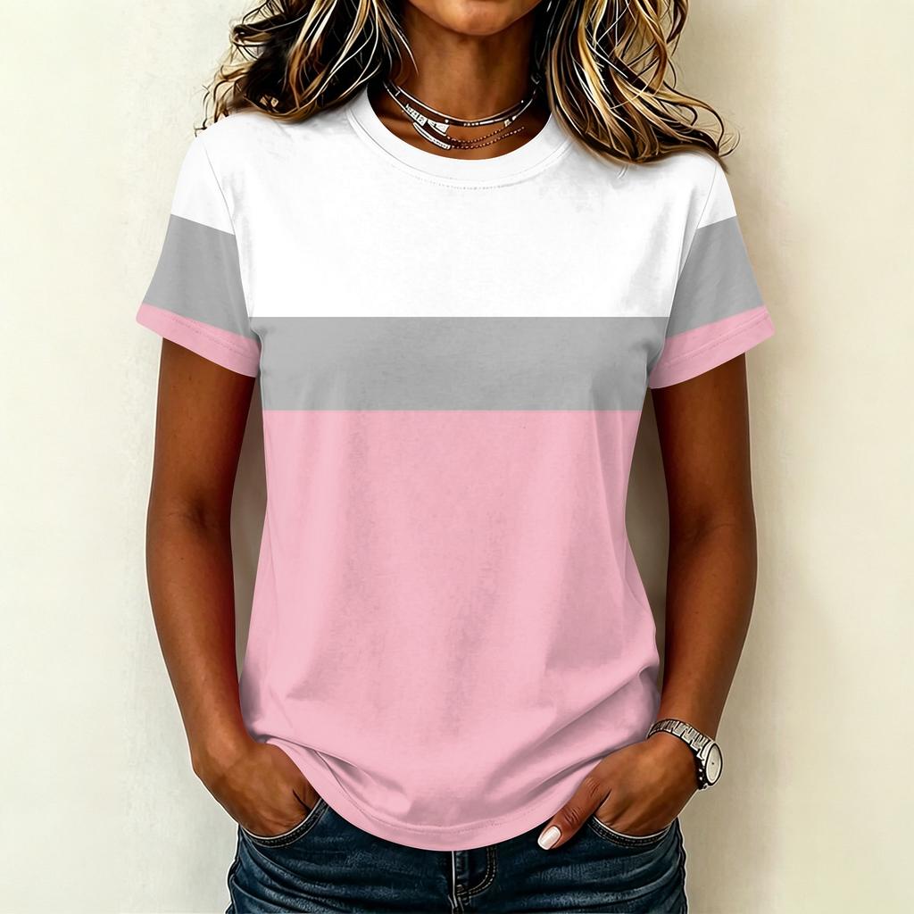Dames Casual Pullover Korte Mouw T-shirt Kleurblok Bedrukt Top Ronde Hals Lichtgewicht Zachte Stof