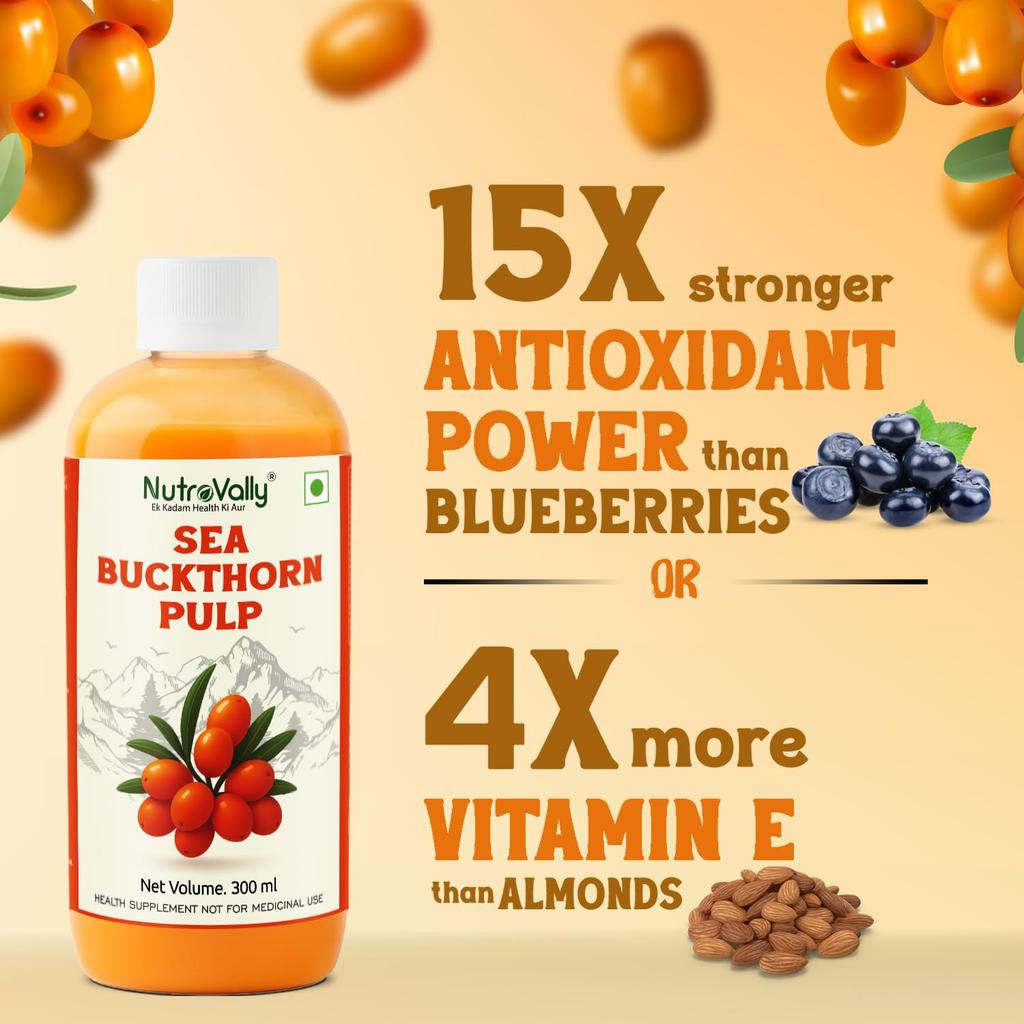 Suc/Pulpă de Cătină NutroVally 300ml | Bogat în Vitamina C & Omega 3,6,7,9 | Concentrat de Suc de Cătină din Himalaya pentru Imunitate, Strălucirea Pielii