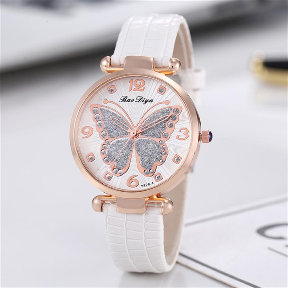 Women Butterfly Rhinestone Dial Quartz Watche Ladies Wristwatche Simple Leather Clock