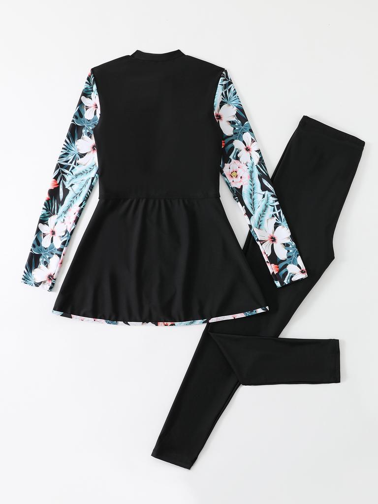 Women Long Sleeve Skirted Two Piece Swimsuit Set With Solid And Printed Patterns For Beach And Surfing