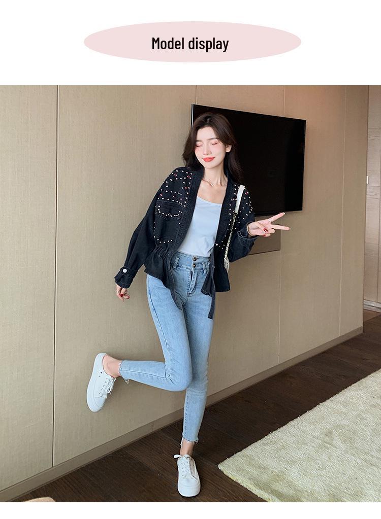 Veste en jean décontractée à col en V, style coréen, perles, pour le printemps et l'automne 2024 - Haut polyvalent amincissant pour la taille, mode femme