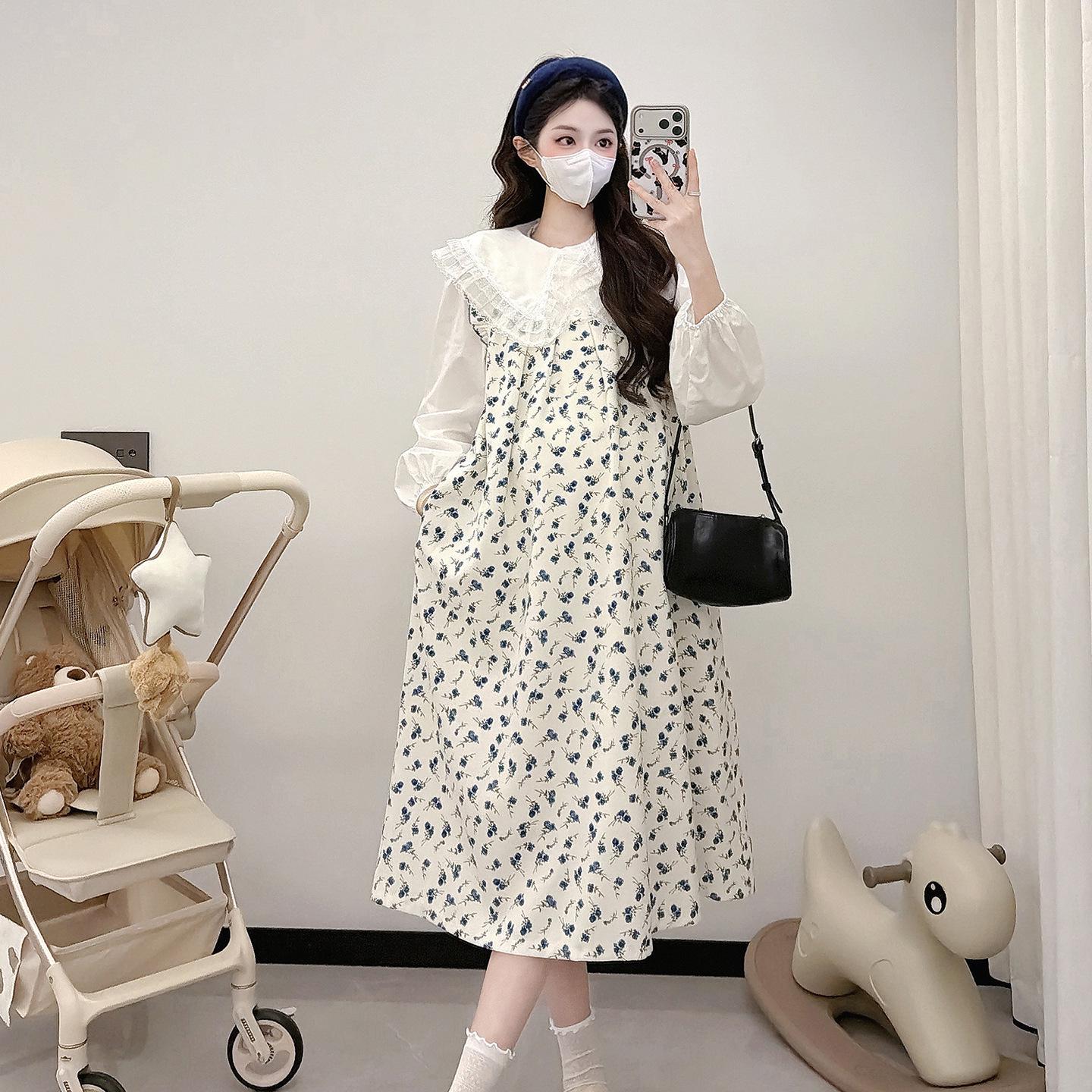 Plus Size Corduroy Maternity Overalls Dress with Lace Trim Collar Shirt for Spring 2026 2XL
