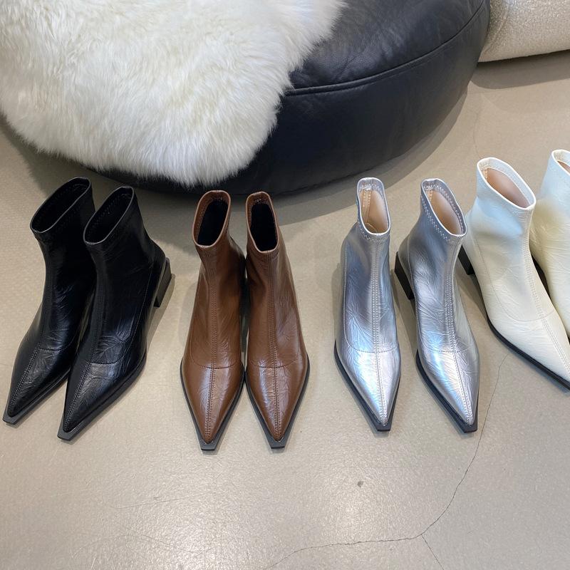 French Pointed Short Boots Women's Boots 2026 Autumn and Winter New Thick Heel Elastic Thin Boots Silver Thin Fashion Boots
