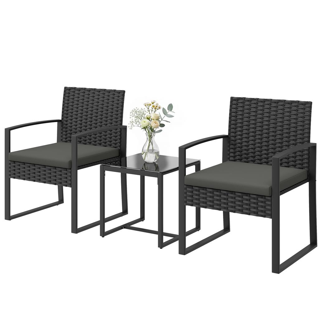 Rattan Bistro Set, 3-Piece Garden Furniture Set with 2 Garden Chairs, Coffee Table, Removable Cushions Dark Grey