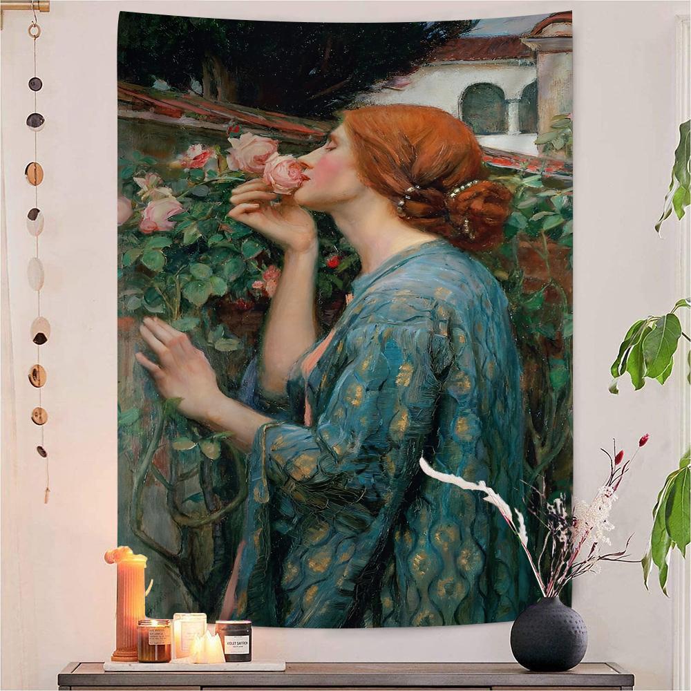 John William Waterhouse Anime Tapestry Hippie Flower Wall Carpets Dorm Decor Cheap Hippie Wall Hanging