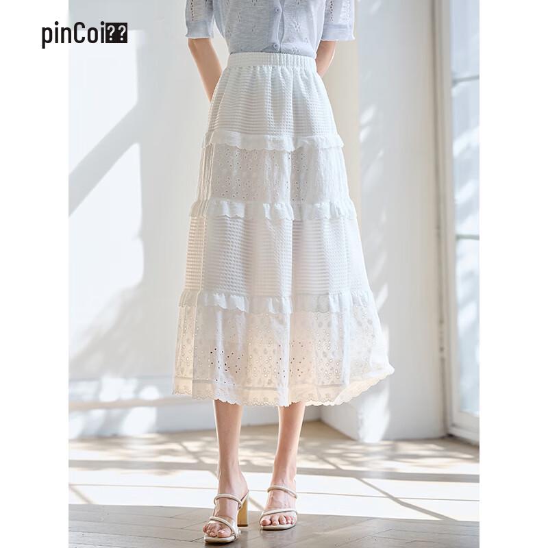 Pincai Women s White Lace Trim Tiered A-Line Midi Skirt M