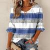 Women's Striped Print Ruffled Hem Three-Quarter Sleeve Blouse with Round Neck and Tie
