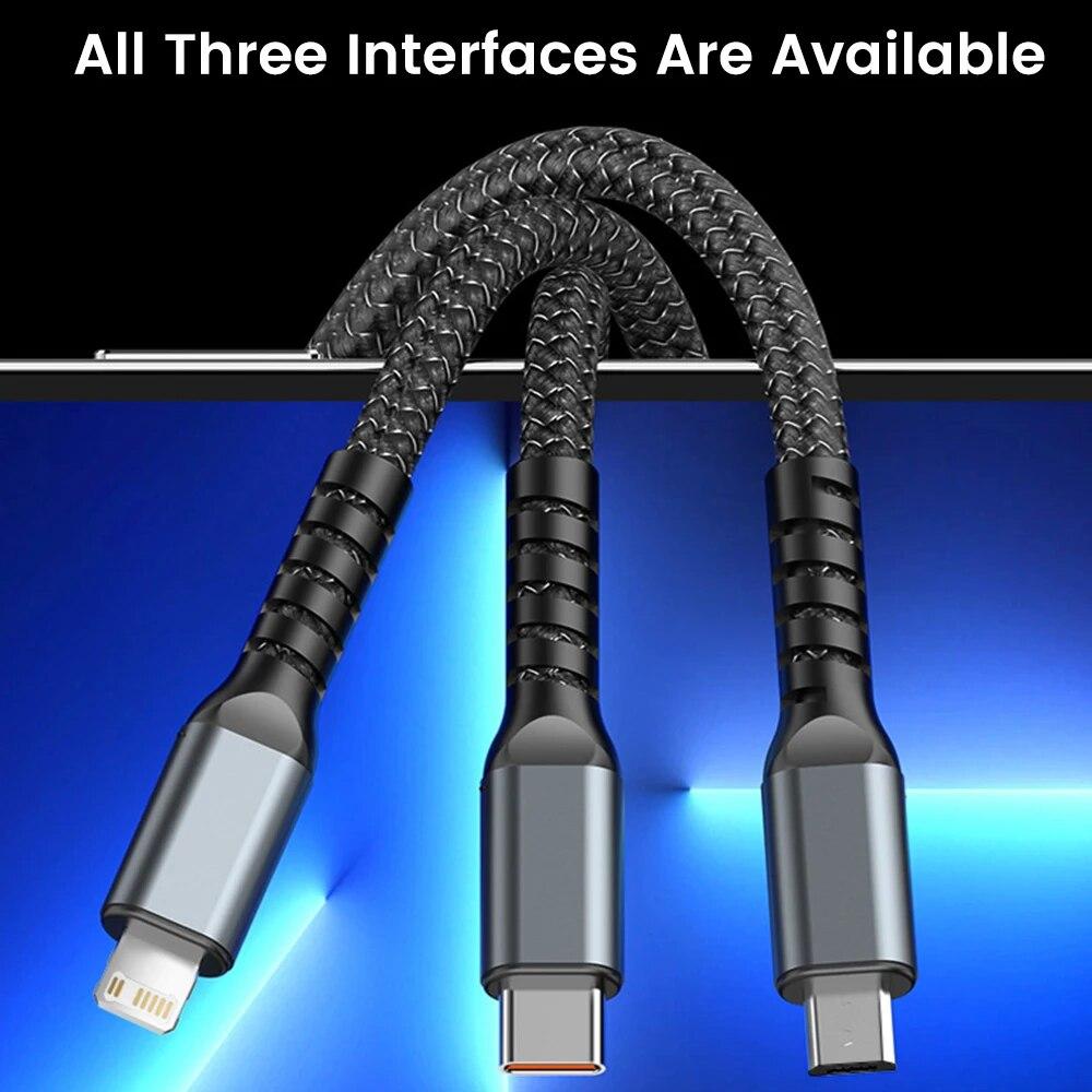 100W Fast Charging Cable with USB Type C, Micro USB, and Lightning Compatibility - 1.2M/2M Length, Transparent Chip, Night Light Feature