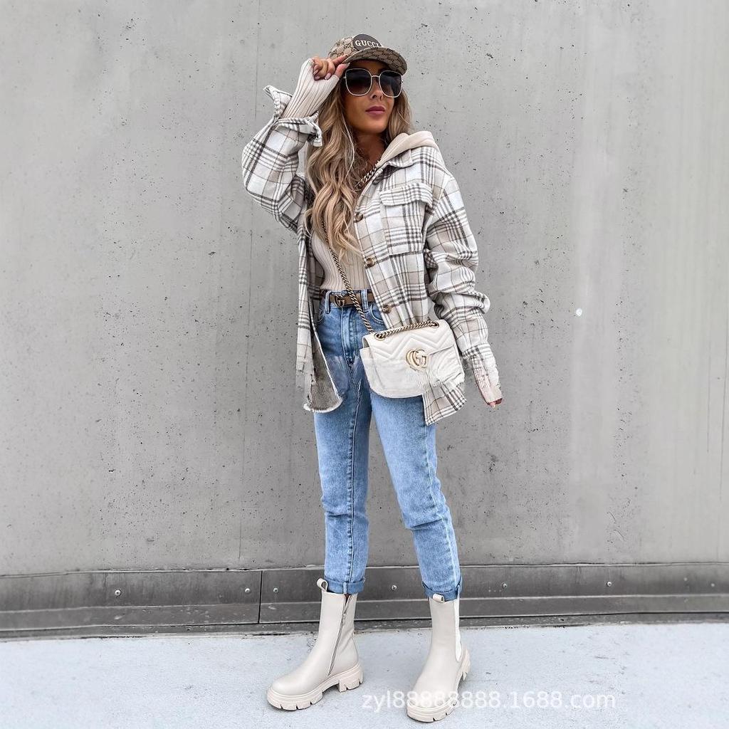 Women's Oversized Plaid Shirt with Hood, Casual Loose Fit Checkered Long Sleeve Top