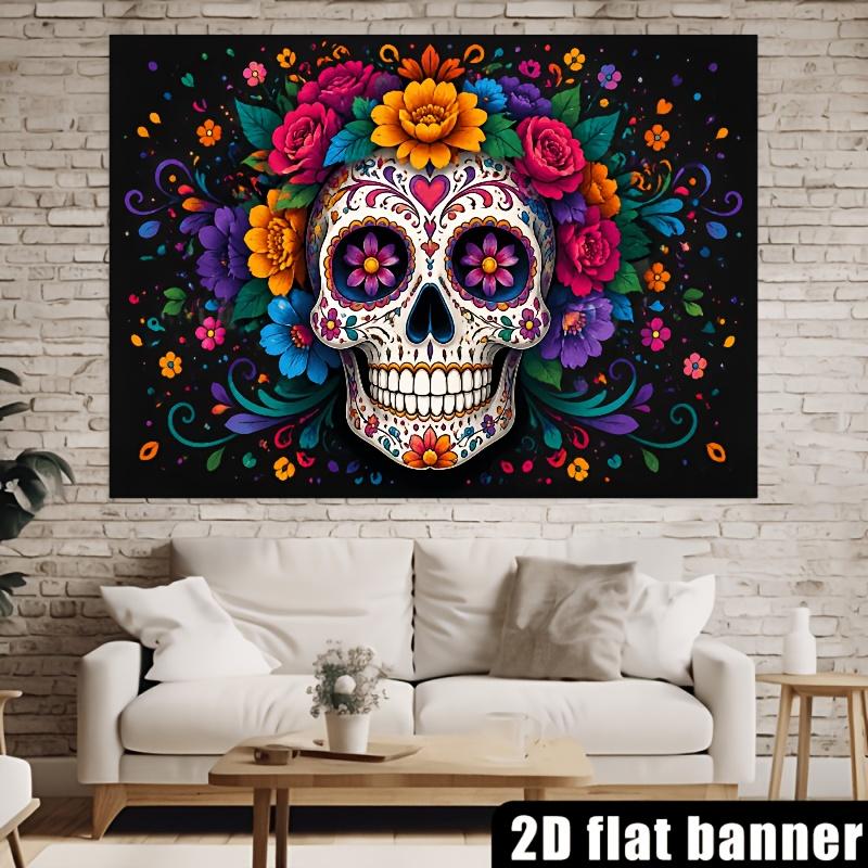 2D Planar Theme Background Fabric for Halloween Sugar Skulls, Decorated with Various Colorful Floral Patternszyc