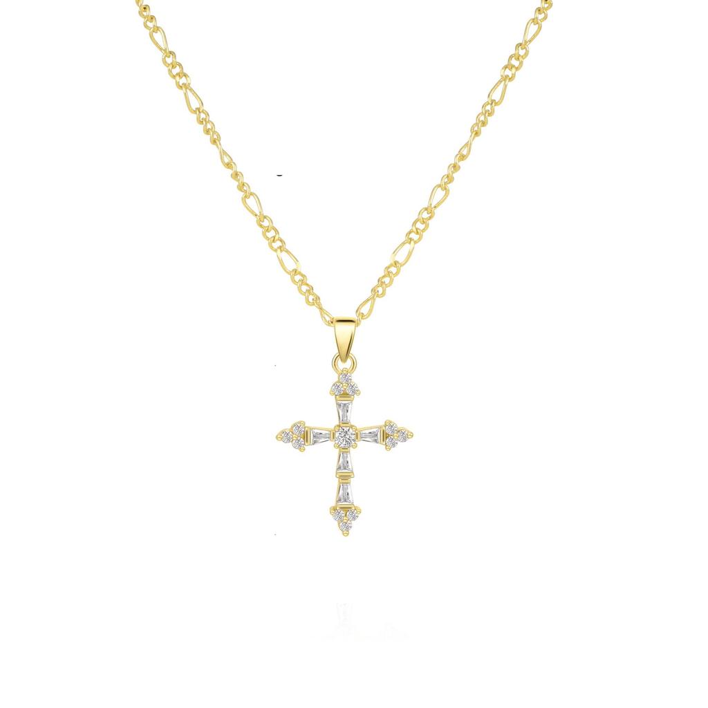 18K Gold Figaro Necklace with Zircon Cross - Non-Fading Stainless Steel Chain for Women