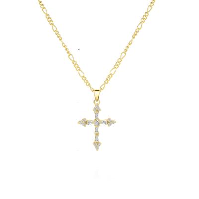 18 Karat Gold Figaro-Halskette mit Zirkonia-Kreuz - Nicht verblassende Edelstahlkette für Damen