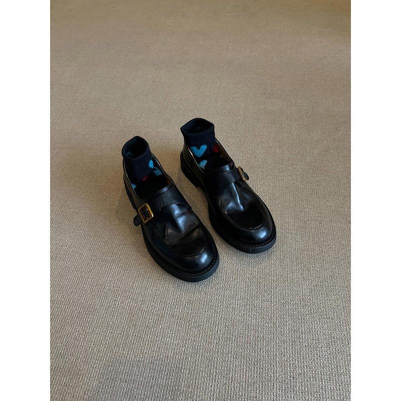 Washed Cowhide~ Retro Leather British Style Jk Small Leather Shoes Women's Belt Buckle One Pedal Loafers Round Head Single Shoes
