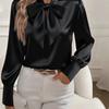 Women's Satin Blouse Long Sleeve Bow Tie Neck Elegant Office Shirt Dressy Top