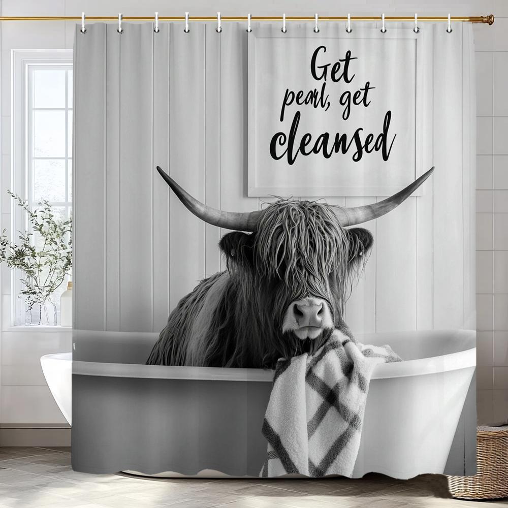 

Funny Bathing Highland Cattle Sitting In The Tub Shower Curtain, Bathroom Decorative Shower Curtain, Home Curtain With Hooks W60H190(CM)-1 Pcs