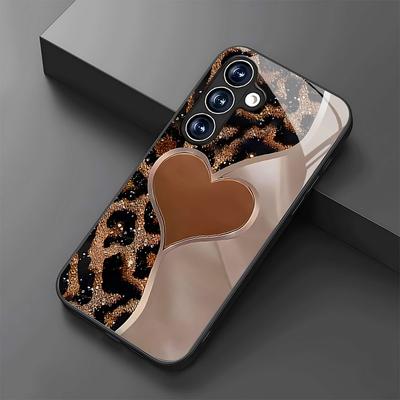 Love Themed Leopard Print Pattern Glass Phone Case Suitable for Samsung Galaxy S26 S25 S24 S22 S21 S20 FE/Ultra/Plus Anti Fall