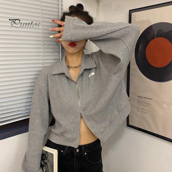 Cardigan Lapel Long Sleeves Zipper Closure Ribbed Women Coat Crop Spring Autumn Thin Solid Color Short Casual