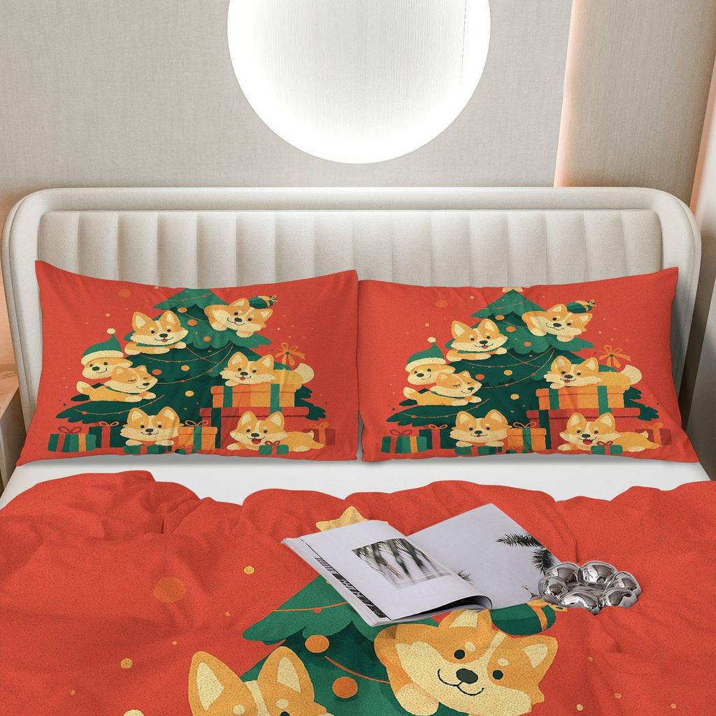 3-teiliges festliches Corgi Weihnachts-Bettbezug-Set - Gemütliche Polyester-Bettwäsche mit Reißverschluss, maschinenwaschbar, Cartoon für alle Jahreszeiten