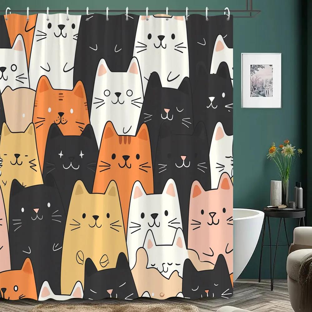 Cartoon Cat Shower Curtain Black and White Line Cat Colourful Footprints Polyester Fabric Home Shower Curtains Bathroom Decor