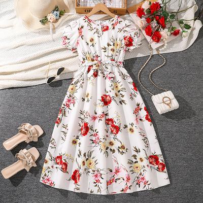 Women's Children's Clothing Summer Mid Size Children's Dress with Printed Large Display Temperament Slim Fit Long Dresses