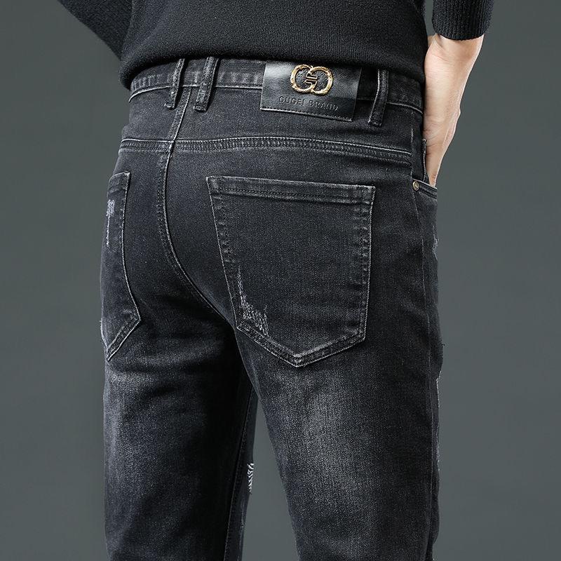 Černé džíny pánské podzimní high-end trendový potisk výšivkou Tenké jarní a podzimní modely small foot jeans kalhoty
