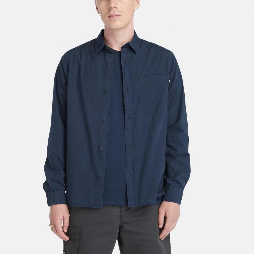 Timberland Solid Color Polo Casual Long Sleeve Shirt Men Shirts Blue A42J5-433