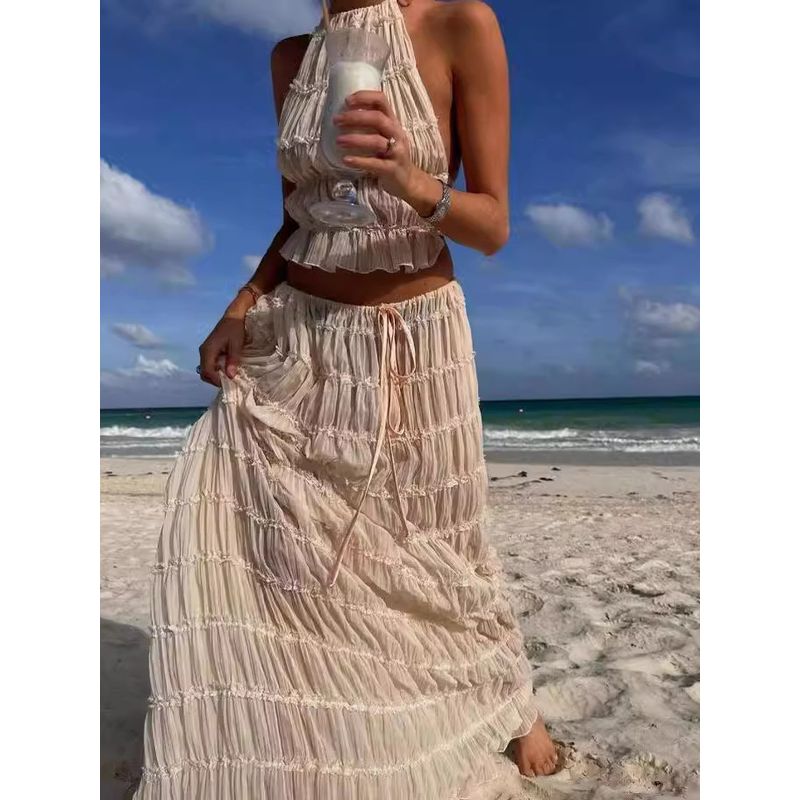 Sexy Neck Hanging Pleated Long Skirt Set Sexy Halter Ruched Long Skirt Suit