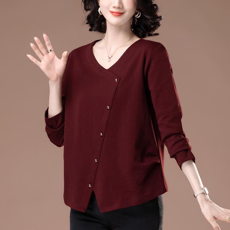 Damen Übergröße V-Ausschnitt Langarm Locker geschnittenes T-Shirt für Frühling & Herbst - Schlankmachende, Bauch kaschierende Basisschicht (Stil 6318)